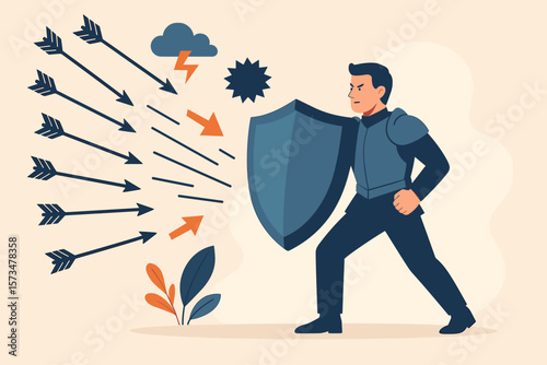 Businessman in armor with a shield protects from threats. Business risk, security attack, and insurance concept. Safety guard against problems. Metaphor for resilience and defense.