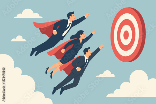 Business team with superhero power flying to success target. Teamwork for achieving goals. Metaphor for cooperation, leadership, challenge, and professional ambition.