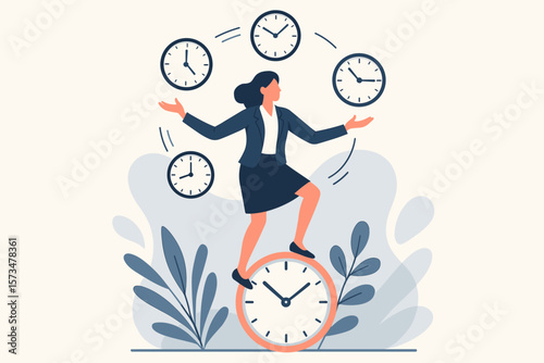 Time management for best efficiency and productivity. Businesswoman juggling clocks. Manage project and control timeline schedule. Fast work and multitasking vector concept.