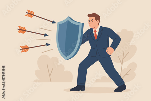 Businessman in Suit Holding Shield Defending Against Arrows, Symbolizing Protection from Risk, Security Threat, Insurance Safety, Business Defense, Crisis Management Concept