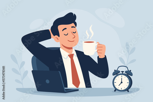 Relaxed businessman enjoying coffee break at work desk, stress relief, morning routine, productivity boost, workplace relaxation, fatigue recovery, office motivation concept