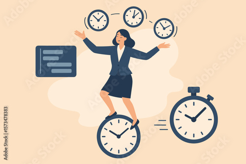 Businesswoman Juggling Clocks Balancing on Stopwatch, Time Management, Productivity, Project Scheduling, Fast Work, Efficiency, Deadline Control, Multitasking Concept Illustration