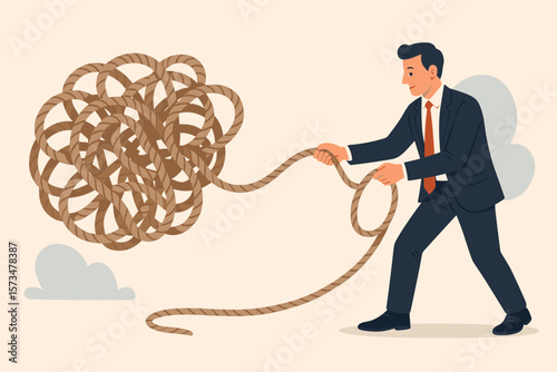 Businessman Trying to Untangle Complicated Knot, Solving Difficult Problem, Overcoming Chaos, Messy Issue, Confusion, Complex Challenge, Business Trouble Concept Illustration