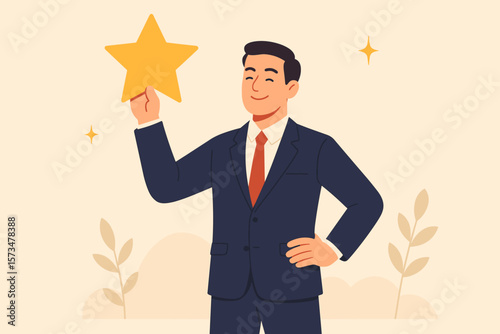 Star employee metaphor for success and leadership. Confident businessman holding a star. High-performance staff achievement. Evaluation and award winning quality concept vector.