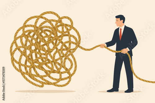 Businessman unraveling a tangled rope knot. Concept of problem-solving, finding a solution for a complex or difficult business challenge, overcoming chaos and confusion.