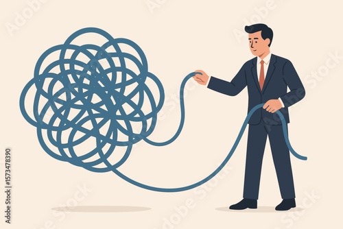 Businessman solving tangled knot problem. Unraveling complexity, chaos, confusion, messy issue. Concept of problem solving, overcoming obstacles, business challenge, finding solutions.