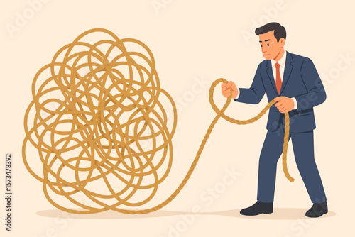 Unraveling tangled knot. Problem solving concept. Businessman untangling chaos. Finding solution to complex issue. Managing business trouble and difficulty. Metaphor for order.