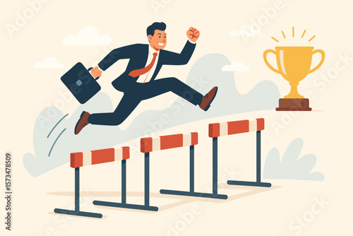 Confident businessman leader jumping over hurdles to achieve business success, overcoming obstacles, competition, motivation, problem solving, leadership, company achievement, trophy goal