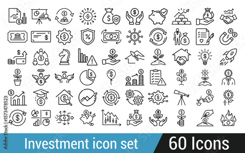 Comprehensive financial investment and growth icon set with 60 diverse symbols