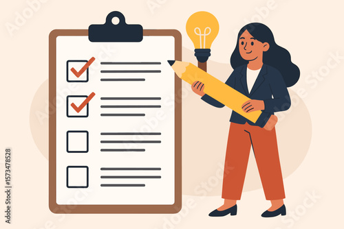 Businesswoman Completing Survey Checklist, Feedback Questionnaire Form, Evaluation Assessment Review, Marking Checkbox on Clipboard, Opinion Poll Concept Illustration
