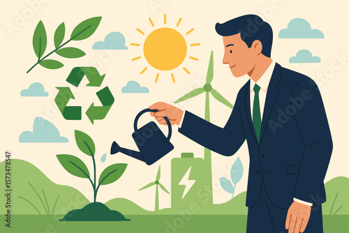 Businessman Watering Plant, Promoting Sustainability, ESG, Environmental Social Governance, Green Clean Energy, Eco Friendly, Renewable Resources, Recycle, Climate Change Concept