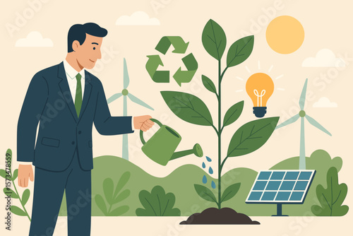 Businessman Watering Plant for Sustainable Growth, ESG Environmental Social Governance, Green Energy, Renewable Resources, Recycling, Climate Change, Eco Friendly Concept