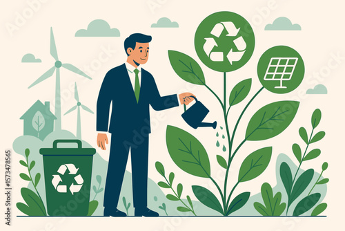 Businessman watering plant with recycle and solar panel icons. ESG, environmental, social, governance for sustainable business growth. Green energy for climate change.