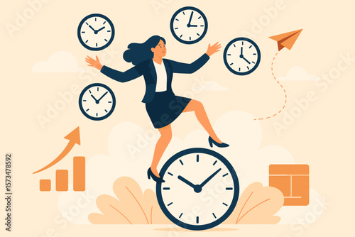 Businesswoman Juggling Clocks for Time Management, Productivity, Project Scheduling, Fast Work, Efficiency, Deadline Control, Multitasking, Office Success Concept Illustration