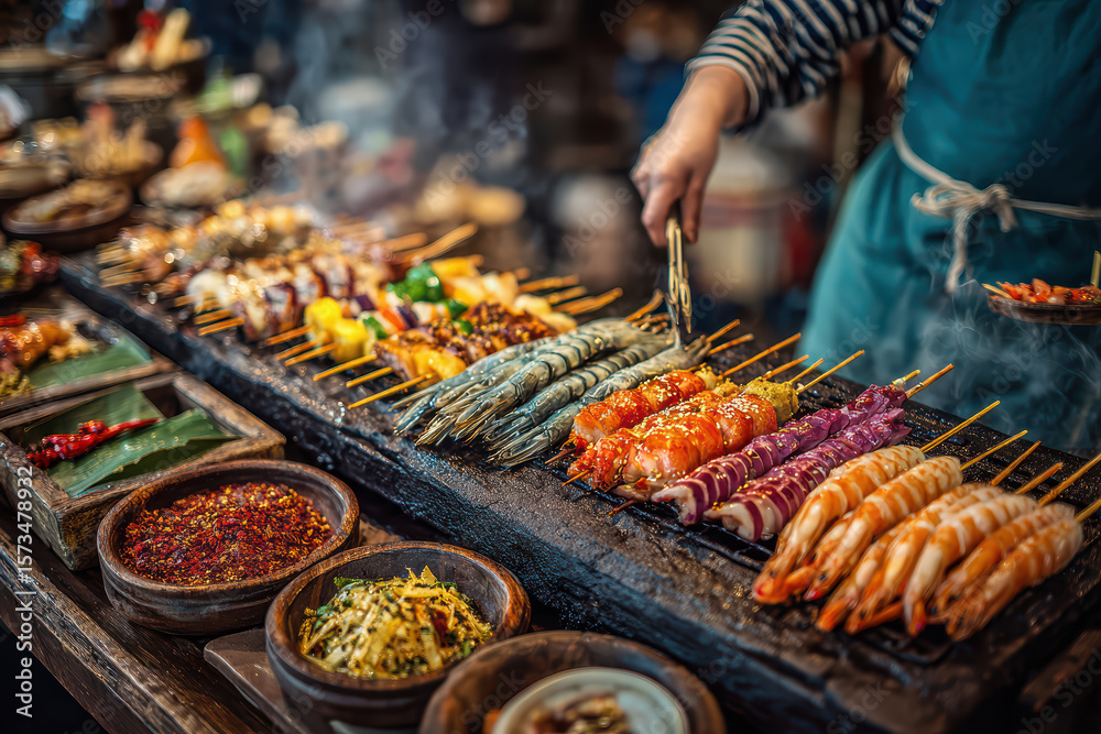 Obraz premium Street food vendor using tongs to prepare noodles on a hot plate, surrounded by various ingredients and dishes