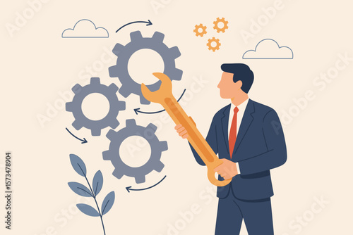 Businessman with wrench adjusting gears. Business improvement, optimization, fine-tuning concept. Repair and maintenance for smooth operation. Corporate process management.
