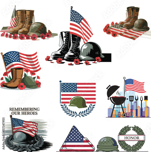 American flag icons set featuring USA national symbols for Fourth of July patriotic independence day vector illustration