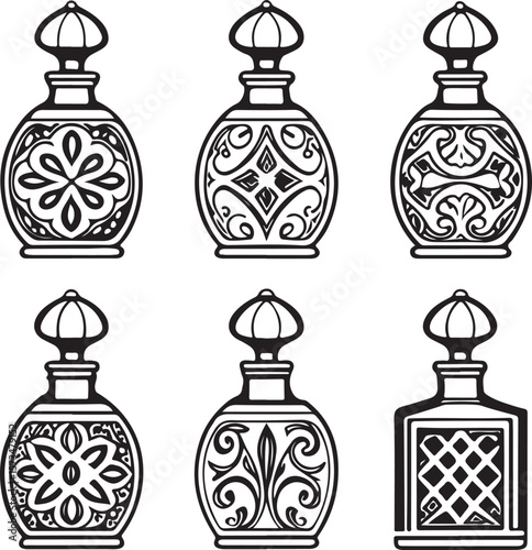 Decorative vector set of perfume bottles with intricate floral and ornamental designs