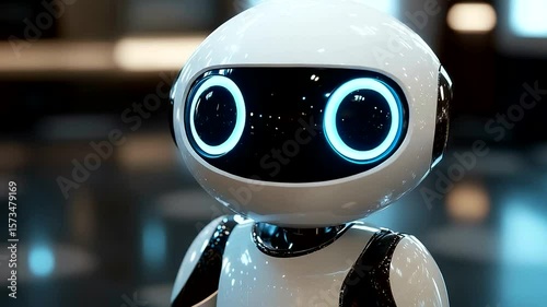 Adorable white robot with large eyes, futuristic design, polished chrome