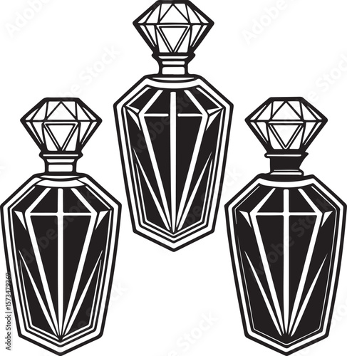 Elegant perfume bottles illustration set in bold black and white outline style