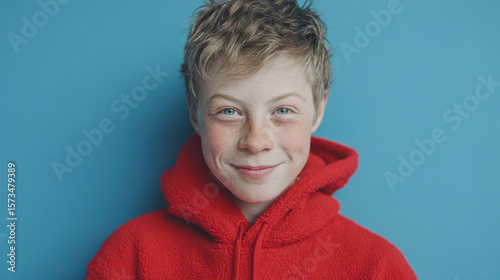 Portrait of smiling teen boy with down syndrome wearing red hoodie