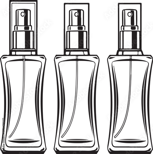 Three elegant black and white perfume bottles vector illustration for beauty and fragrance concepts.