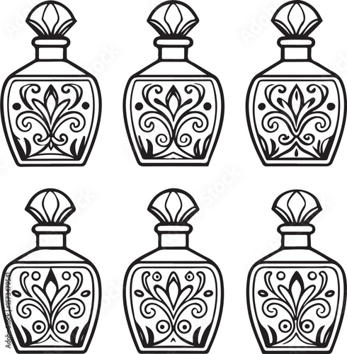 Vector illustration of six decorative perfume bottles with detailed floral ornament