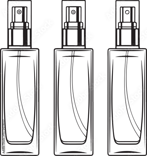 Vector illustration of three minimalist perfume bottles in a black and white outline design