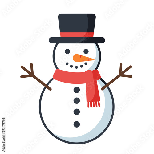 Snowman with black hat and red scarf smiling against white background  