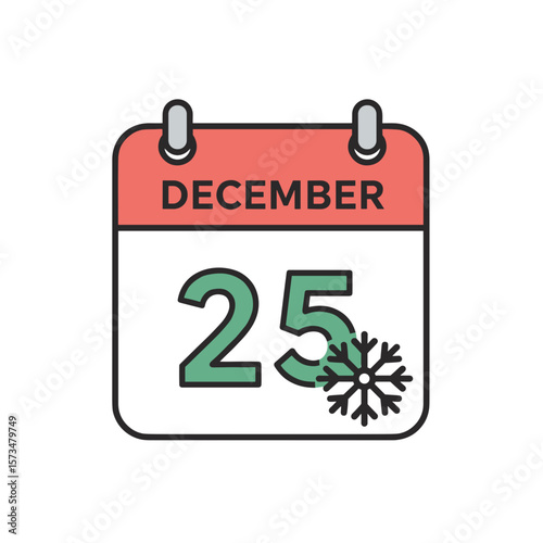 December 25 calendar date with snowflake symbol for Christmas  