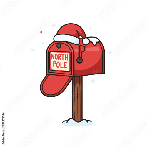 Red mailbox with Santa hat labeled North Pole in snowy landscape  