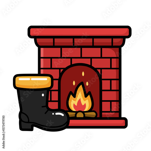 Cartoon fireplace with a black boot and flames in a cozy style  