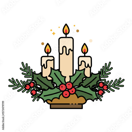 Christmas candle centerpiece with holly and berries in festive style  