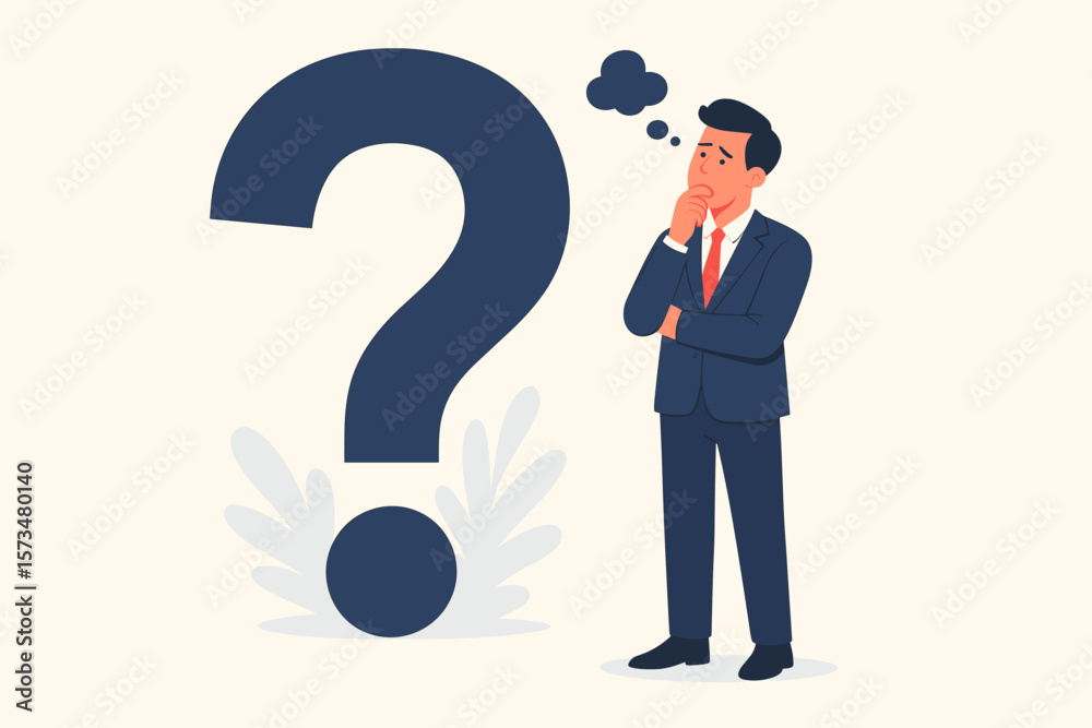 Pensive businessman thinking with a big question mark. Problem solving, finding a solution, doubt, uncertainty, and decision making concept. Difficult choice, business dilemma. Pensive businessman thinking with a big question mark. Problem solving, finding a solution, doubt, uncertainty, and decision making concept. Difficult choice, business dilemma.
