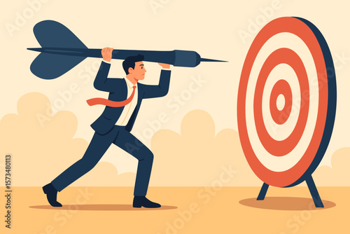 Businessman aiming huge dart at target. Business goal concept. Metaphor for ambition, challenge, and success. Focus, strategy, and determination to achieve objectives.