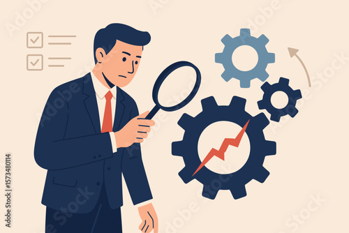 Analyze problem to fix process. Solving business issue for smooth workflow. Project management, development concept. Businessman leader with magnifying glass inspects gears.