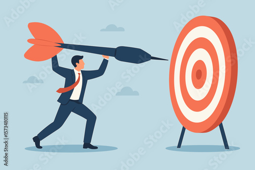 Businessman aiming for a big goal. Challenge to achieve target with success and accuracy. Ambition and determination to reach business target concept. Throwing a huge dart.