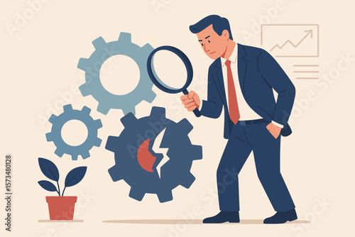Analyze problem to fix process. Solving business issue for smooth workflow. Project management concept. Businessman with magnifying glass finds broken gear. Root cause.