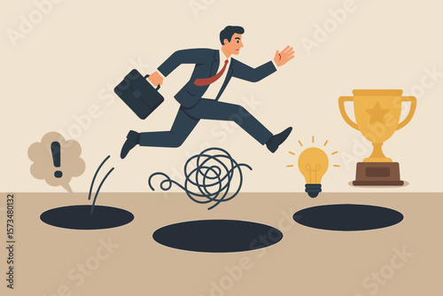 Businessman jumping over pitfall. Avoid adversity, mistake, failure. Concept of business solution, challenge, risk, problem solving. Career ambition to achieve success goal.