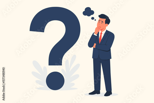 Pensive businessman thinking with a big question mark. Problem solving, finding a solution, doubt, uncertainty, and decision making concept. Difficult choice, business dilemma.