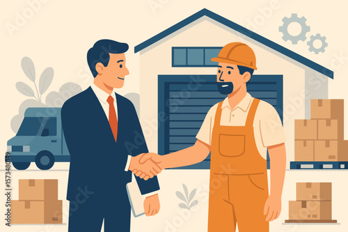 B2B business sale agreement concept. Businessman and contractor shaking hands. Enterprise commerce and supplier trade deal. Partnership, logistics, and distribution vector.