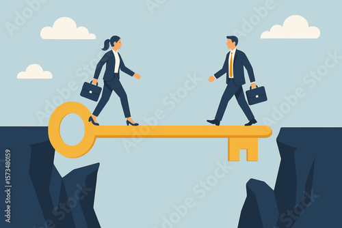 Business team collaboration with key as a bridge to cross chasm. Concept of teamwork, partnership, solution, problem solving, opportunity, overcoming obstacles to success.