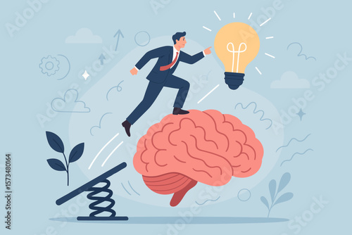 Businessman launching from brain with springboard to catch idea lightbulb. Metaphor for innovation, creativity, brainstorming, intelligence, and business success concept.