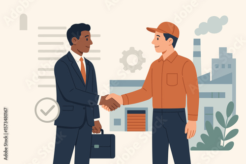 B2B business to business sale agreement concept. Enterprise commerce illustration with a contractor and a businessman shaking hands. Supplier trade deal between two companies.