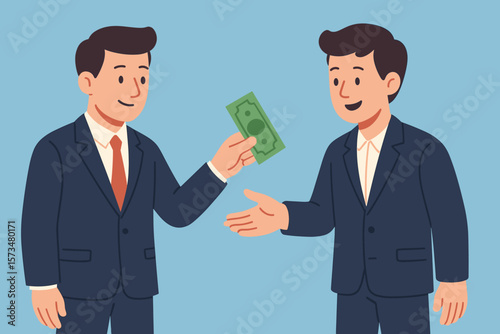 Businessman giving cash money banknote. Borrow from friend concept. Debt and loan. Credit or lending metaphor. Financial incentive, bonus payment. Salary or wage. Modern flat vector.