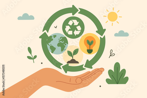 Circular economy for sustainability. Ecology concept with reusable resources, green energy and eco friendly products. Recycle material for environment protection and climate change.