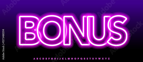 Neon bonus alphabet, glowing 3D letters, vibrant casino font for poker promo, slot banner, cashback tag, Vegas label, online deal, luminous typographic design. Vector typeset