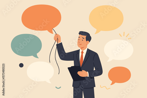 Communication management, PR public relations concept. Businessman holding speech bubble balloons, handling public comments, social criticism, and feedback. Dialogue vector.