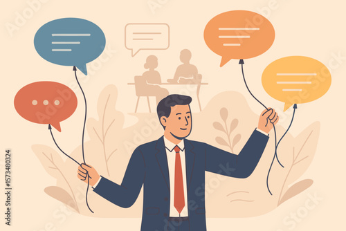 Communication management metaphor. PR, public relations concept. Businessman holding speech bubble balloons. Handle public comment, social criticism, and online feedback.