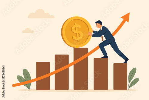 Compound interest and exponential growth. Investing, earning profit. Wealth management, savings. Pension fund in long-term investment. Businessman pushing a coin up a graph.